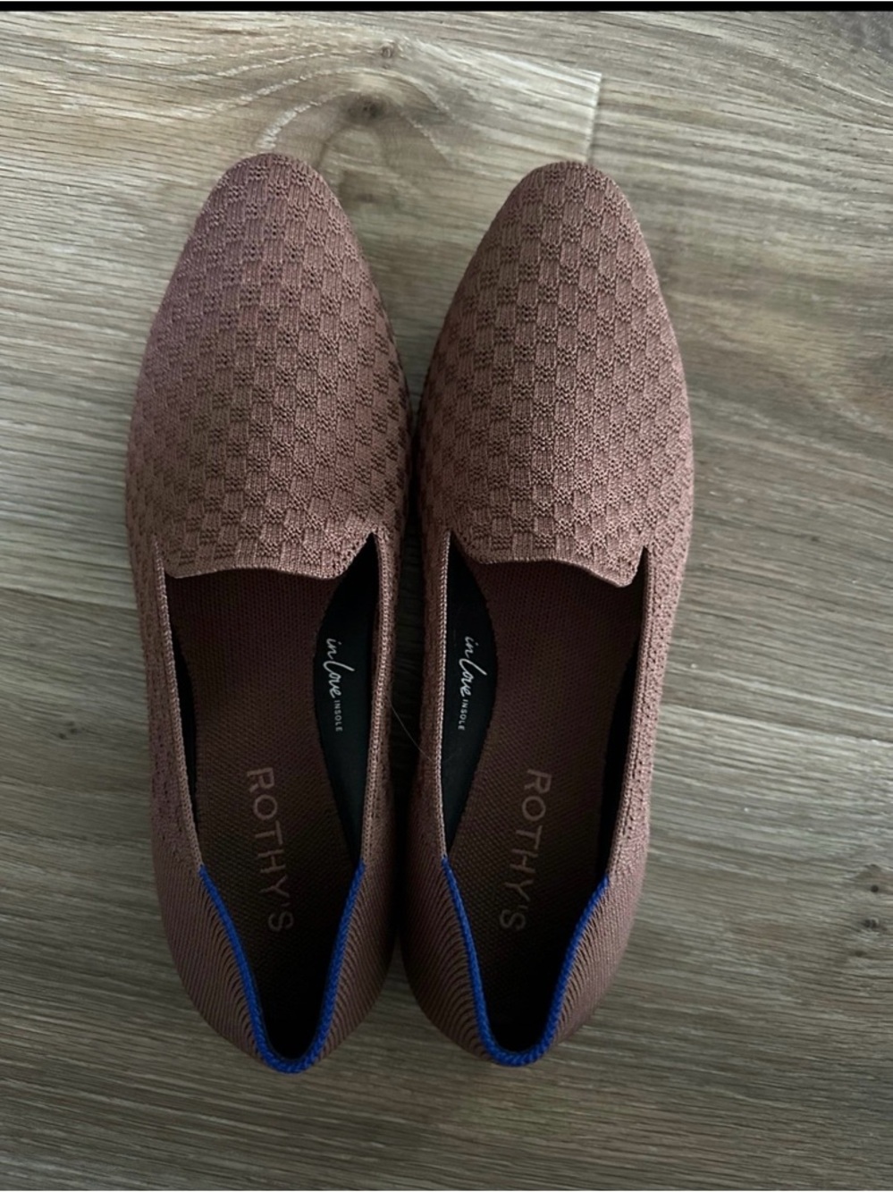 Rothy's Brown Knit Loafers with Blue Heel Trim